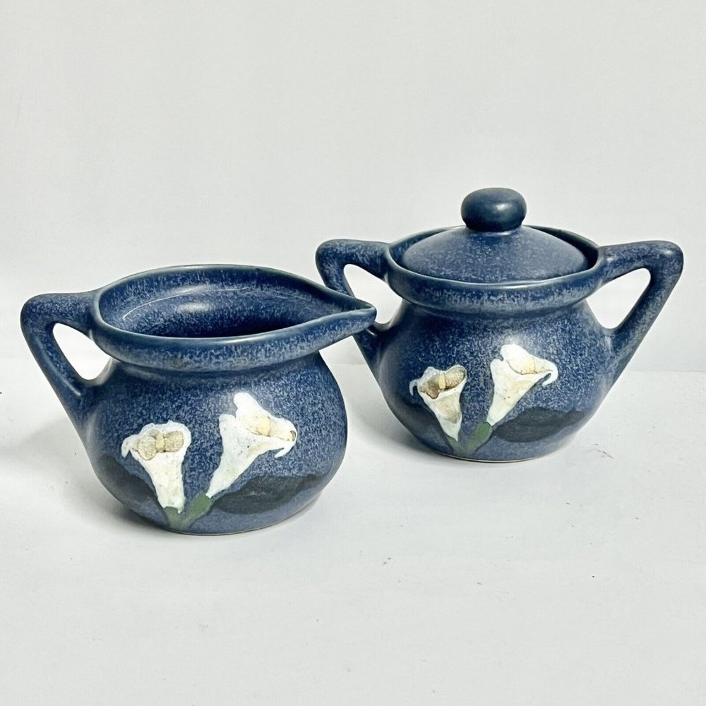 Vintage Calla Lily Sugar Bowl and Creamer Blue Stoneware
